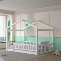 Full Size Wood House Bed with Roof and Fence, Sturdy Pinewood Bed Frame for Kids and Teens, 79.5" L x 57" W x 63" H, White(m-1)