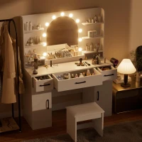 Large Makeup Vanity Desk with 6 Open Shelves and 3 Drawers, Functional Makeup Vanity with Dimmable LED Mirror, 44.5" L x 14" W x 55" H, White(m-7)