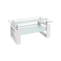 Modern Glass Coffee Table with Wood-Grain MDF Legs, Minimalist Center Table with 2-Tier Storage, 34.5'' L x 18.5'' W x 17.5'' H, Transparent+White(m-2)