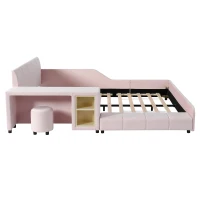 Queen-Size Upholstered Platform Bed with Bedside Desk and Stool, Cozy Bed Frame with Streamlined Structure, 84.5" L x 74" W x 28" H, Pink(m-6)
