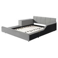 Queen-Size Upholstered Platform Bed with Bedside Desk and Stool, Cozy Bed Frame with Streamlined Structure, 84.5" L x 74" W x 28" H, Gray(m-7)