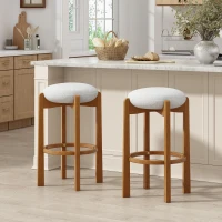 Set of 2 Bar Stools with Solid Rubber Wood Frame, Non-Swivel Bar Shairs with Upholstered Round Seat, 19.5'' L x 19.5'' W x 30'' H, Ivory+Walnut(m-1)