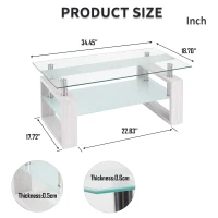 Modern Glass Coffee Table with Wood-Grain MDF Legs, Minimalist Center Table with 2-Tier Storage, 34.5'' L x 18.5'' W x 17.5'' H, Transparent+White(m-3)