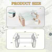 Modern Glass Coffee Table with Wood-Grain MDF Legs, Minimalist Center Table with 2-Tier Storage, 34.5'' L x 18.5'' W x 17.5'' H, Natural+Transparent(m-3)