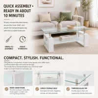 Modern Glass Coffee Table with Wood-Grain MDF Legs, Minimalist Center Table with 2-Tier Storage, 34.5'' L x 18.5'' W x 17.5'' H, Transparent+White(m-5)