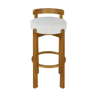 Modern Round Seat Bar Stools with Ergonomic Curved Backrest, Sherpa Padded Chairs with Integrated Footrest, 16'' L x 16.5'' W x 34'' H, Ivory+Walnut(m-2)