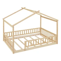 Full Size Wood House Bed with Roof and Fence, Sturdy Pinewood Bed Frame for Kids and Teens, 79.5" L x 57" W x 63" H, Natural(m-5)