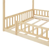 Full Size Wood House Bed with Roof and Fence, Sturdy Pinewood Bed Frame for Kids and Teens, 79.5" L x 57" W x 63" H, Natural(m-9)