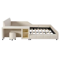 Queen-Size Upholstered Platform Bed with Bedside Desk and Stool, Cozy Bed Frame with Streamlined Structure, 84.5" L x 74" W x 28" H, Beige(m-6)