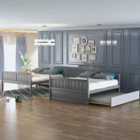 Full-Over-Full Bunk Bed with Space-Saving Pullout Trundle, Space-Saving Bed Frame with 2 Separate Beds, 79.5" L x 57" W x 60" H, Gray(m-5)