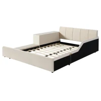 Queen-Size Upholstered Platform Bed with Bedside Desk and Stool, Cozy Bed Frame with Streamlined Structure, 84.5" L x 74" W x 28" H, Beige(m-8)