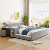 Queen-Size Upholstered Platform Bed with Bedside Desk and Stool, Cozy Bed Frame with Streamlined Structure, 84.5" L x 74" W x 28" H, Gray(m-1)
