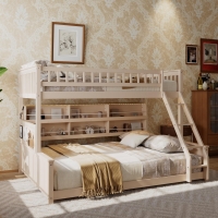 Twin XL Over Queen Bunk Bed with Built-In Storage Shelf and Safety Rope, Useful Bed Frame with Pegboard Side Panel, 83.5" L x 62.5" W x 59" H, Beige