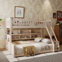 Twin XL Over Queen Bunk Bed with Built-In Storage Shelf and Safety Rope, Useful Bed Frame with Pegboard Side Panel, 83.5" L x 62.5" W x 59" H, Beige(m-1)