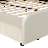 Queen-Size Upholstered Platform Bed with Bedside Desk and Stool, Cozy Bed Frame with Streamlined Structure, 84.5" L x 74" W x 28" H, Beige(m-11)