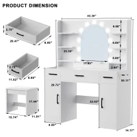 Large Makeup Vanity Desk with 6 Open Shelves and 3 Drawers, Functional Makeup Vanity with Dimmable LED Mirror, 44.5" L x 14" W x 55" H, White(m-3)
