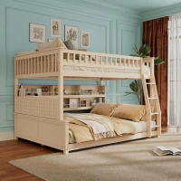Full XL Over Queen Bunk Bed with Built-In Storage Shelf and Safety Rope, Useful Bed Frame with Pegboard Side Panel, 83.5" L x 62.5" W x 59" H, Beige(m-1)
