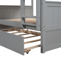 Full-Over-Full Bunk Bed with Space-Saving Pullout Trundle, Space-Saving Bed Frame with 2 Separate Beds, 79.5" L x 57" W x 60" H, Gray(m-12)