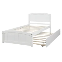Space-Savimg Twin Size Wood Platform Bed with Roll-Out Trundle, Solid Bed Frame with 10 Supporting Slats, 79.5" L x 41.5" W x 37.5" H, White(m-6)