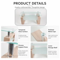 Modern Glass Coffee Table with Wood-Grain MDF Legs, Minimalist Center Table with 2-Tier Storage, 34.5'' L x 18.5'' W x 17.5'' H, Natural+Transparent(m-4)