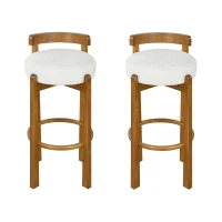 Modern Round Seat Bar Stools with Ergonomic Curved Backrest, Sherpa Padded Chairs with Integrated Footrest, 16'' L x 16.5'' W x 34'' H, Walnut+White(m-4)