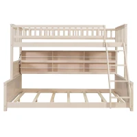 Twin XL Over Queen Bunk Bed with Built-In Storage Shelf and Safety Rope, Useful Bed Frame with Pegboard Side Panel, 83.5" L x 62.5" W x 59" H, Beige(m-2)