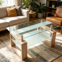 Modern Glass Coffee Table with Wood-Grain MDF Legs, Minimalist Center Table with 2-Tier Storage, 34.5'' L x 18.5'' W x 17.5'' H, Natural+Transparent(m-6)