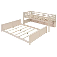 Twin XL Over Queen Bunk Bed with Built-In Storage Shelf and Safety Rope, Useful Bed Frame with Pegboard Side Panel, 83.5" L x 62.5" W x 59" H, Beige(m-12)