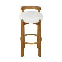 Modern Round Seat Bar Stools with Ergonomic Curved Backrest, Sherpa Padded Chairs with Integrated Footrest, 16'' L x 16.5'' W x 34'' H, Walnut+White(m-2)