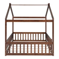 Full Size Wood House Bed with Roof and Fence, Sturdy Pinewood Bed Frame for Kids and Teens, 79.5" L x 57" W x 63" H, Walnut(m-8)