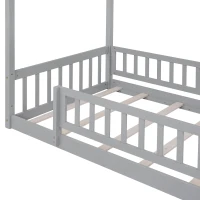 Comfortable Twin House Bed Frame with Roof and Fence, Sturdy Pinewood Platform Bed with Semi-Enclosed Space, 79.5" L x 42" W x 63" H, Gray(m-8)