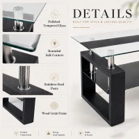 Modern Glass Coffee Table with Wood-Grain MDF Legs, Minimalist Center Table with 2-Tier Storage, 34.5'' L x 18.5'' W x 17.5'' H, Black(m-4)