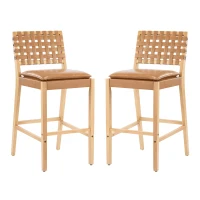 Modern Bar Stools with Hand‑Woven PU Back, Strap-Back Bar Chairs with Padded PU Seat, 18'' L x 21.5'' W x 40.5'' H, Brown+Natural(m-4)