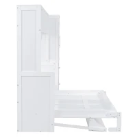 Space-Saving Full Size Murphy Wall Bed with Integrated Shelf, Customizable Bed Frame with Closet and 2 Drawers, 107.5" L x 58" W x 72" H, White(m-9)