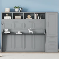 Space-Saving Full Size Murphy Wall Bed with Integrated Shelf, Customizable Bed Frame with Closet and 2 Drawers, 107.5" L x 58" W x 72" H, Gray(m-6)