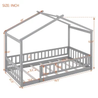 Comfortable Twin House Bed Frame with Roof and Fence, Sturdy Pinewood Platform Bed with Semi-Enclosed Space, 79.5" L x 42" W x 63" H, Gray(m-3)