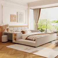 Queen-Size Upholstered Platform Bed with Bedside Desk and Stool, Cozy Bed Frame with Streamlined Structure, 84.5" L x 74" W x 28" H, Beige(m-1)