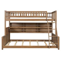 Twin XL Over Queen Bunk Bed with Built-In Storage Shelf and Safety Rope, Useful Bed Frame with Pegboard Side Panel, 83.5" L x 62.5" W x 59" H, Brown(m-2)