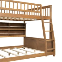 Full XL Over Queen Bunk Bed with Bulit-In Storage Shelf and Safety Rope, Useful Bed Frame with Pegboard Side Panel, 83.5" L x 62.5" W x 59" H, Brown(m-12)
