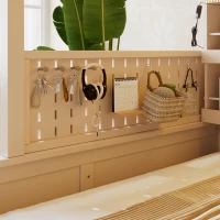 Twin XL Over Queen Bunk Bed with Built-In Storage Shelf and Safety Rope, Useful Bed Frame with Pegboard Side Panel, 83.5" L x 62.5" W x 59" H, Beige(m-7)