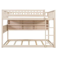 Full Over Full Bunk Bed with Convenient Storage Headboard, Unique Bed Frame with Multi-Color Light Strip, 79" L x 57.5" W x 57" H, Beige(m-2)