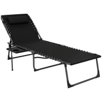Outsunny Folding Outdoor Chaise Lounge Chair Tanning Chair with 5-Level Adjustable Back, Side Table, Pillow, Pocket, Black(m-11)