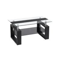 Modern Glass Coffee Table with Wood-Grain MDF Legs, Minimalist Center Table with 2-Tier Storage, 34.5'' L x 18.5'' W x 17.5'' H, Black(m-2)