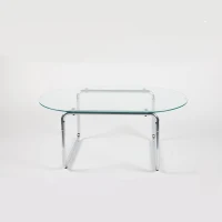 Curved Tempered Glass Coffee Table with Fingerprint-Resistant Top, Minimalist Center Table with Metal Legs, 35.5'' L x 23.5'' W x 15'' H, Transparent(m-2)