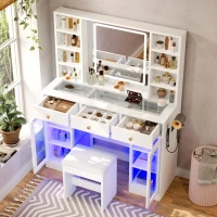 Aesthetic Makeup Vanity Desk with LED Mirror and Adjustable RGB Lights, Spacious Makeup Vanity with 6 Drawers, 44.5" L x 15.5" W x 55" H, White(m-9)
