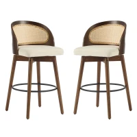 Swivel Bar Chairs with Ergonomic Curved Back, Cozy Stools with Hand‑Woven PE Cane Back, 18" L x 19" W x 35.5" H, Beige+Walnut(m-4)