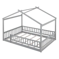 Full Size Wood House Bed with Roof and Fence, Sturdy Pinewood Bed Frame for Kids and Teens, 79.5" L x 57" W x 63" H, Gray(m-5)