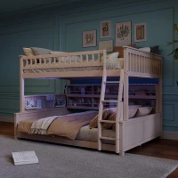 Full XL Over Queen Bunk Bed with Built-In Storage Shelf and Safety Rope, Useful Bed Frame with Pegboard Side Panel, 83.5" L x 62.5" W x 59" H, Beige(m-4)