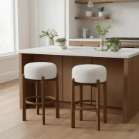 Indoor Round Seat Bar Stools with Solid Rubberwood Frame, Non-Swivel Bar Chairs with Padded Upholstered Seat, 19.5'' L x 19.5'' W x 30'' H, Ivory+Walnut(m-1)