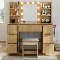Spacious Makeup Vanity Desk with 3 Shelves and 7 Drawers, Functional Makeup Vanity with LED Mirror, 47" L x 15.5" W x 53.5" H, Natural Wood(m-8)